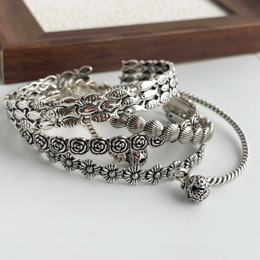 925 Sterling Silver Bohemian Flower & Charm Bracelet Set – Vintage Stackable Design