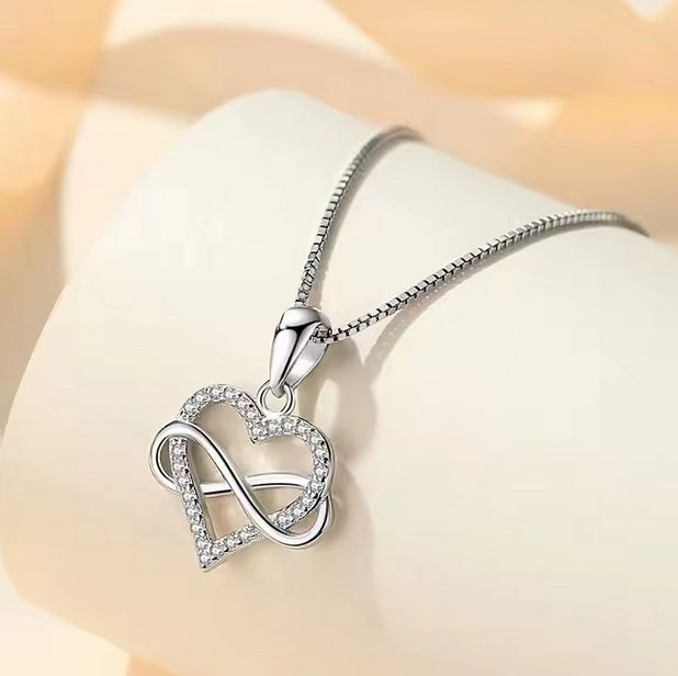 925 Sterling Silver Infinity Heart Necklace – Rhodium Plated CZ Love Pendant for Women, Gift for Her