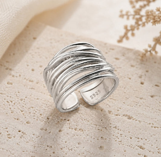 925 Sterling Silver Multi-Layer Ring – Adjustable Minimalist Statement Band Ring for Women