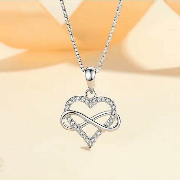 925 Sterling Silver Infinity Heart Necklace – Rhodium Plated CZ Love Pendant for Women, Gift for Her