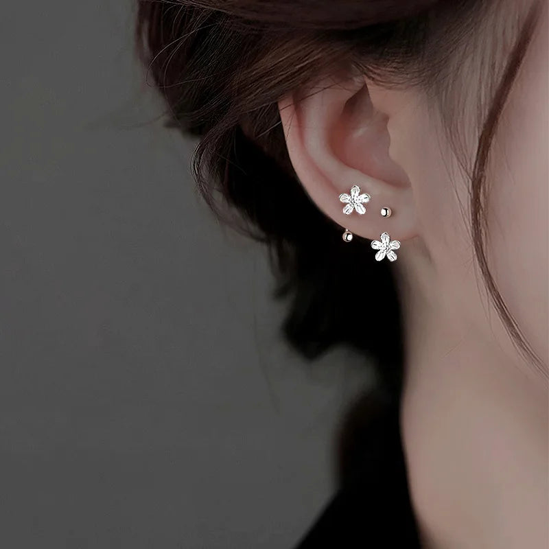 925 Sterling Silver Flower Stud Earrings – Double Piercing Wrap Design