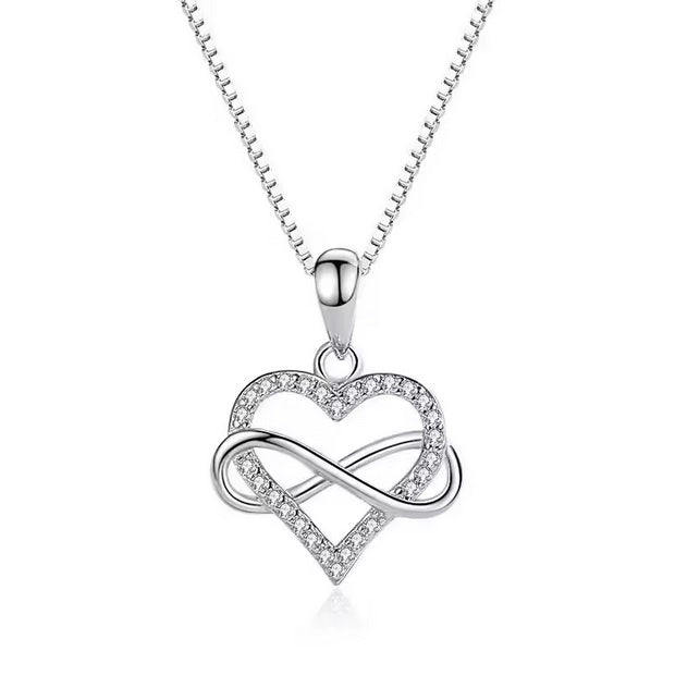 925 Sterling Silver Infinity Heart Necklace – Rhodium Plated CZ Love Pendant for Women, Gift for Her