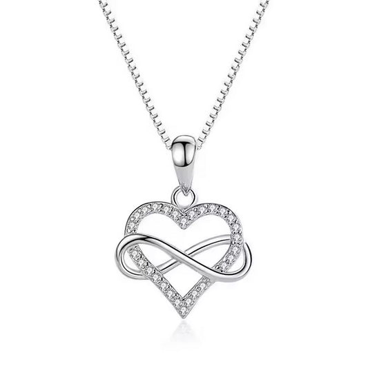 925 Sterling Silver Infinity Heart Necklace – Rhodium Plated CZ Love Pendant for Women, Gift for Her