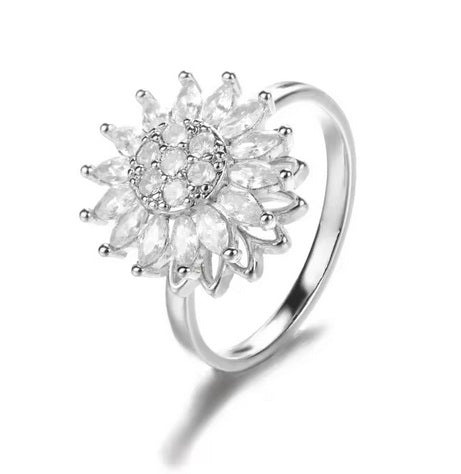 Anti-Stress Spinner Ring – Stainless Steel Sunflower, Clover & Crystal Flower Ring | Anxiety Relief Fidget Ring for Women