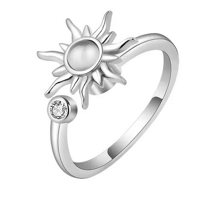 Anti-Stress Spinner Ring – Stainless Steel Sunflower, Clover & Crystal Flower Ring | Anxiety Relief Fidget Ring for Women