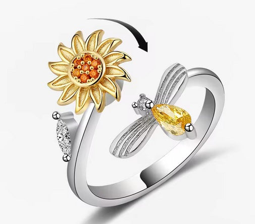 Anti-Stress Spinner Ring – Stainless Steel Sunflower, Clover & Crystal Flower Ring | Anxiety Relief Fidget Ring for Women